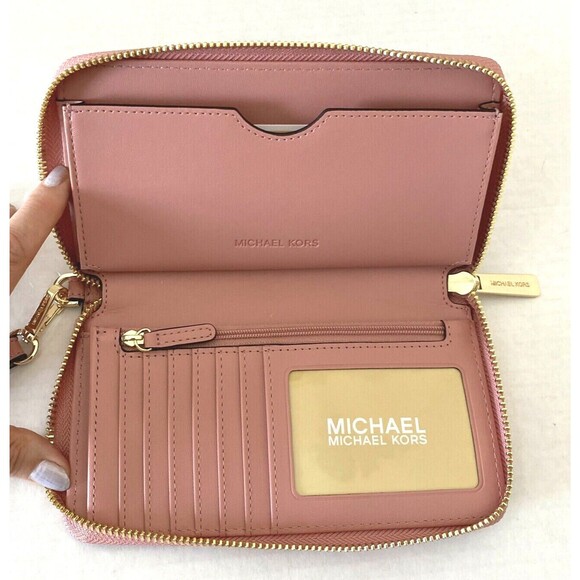 New Michael Kors Jet Set Travel Large Flat phone case Pebble Leather Sunset Rose - Picture 3 of 4